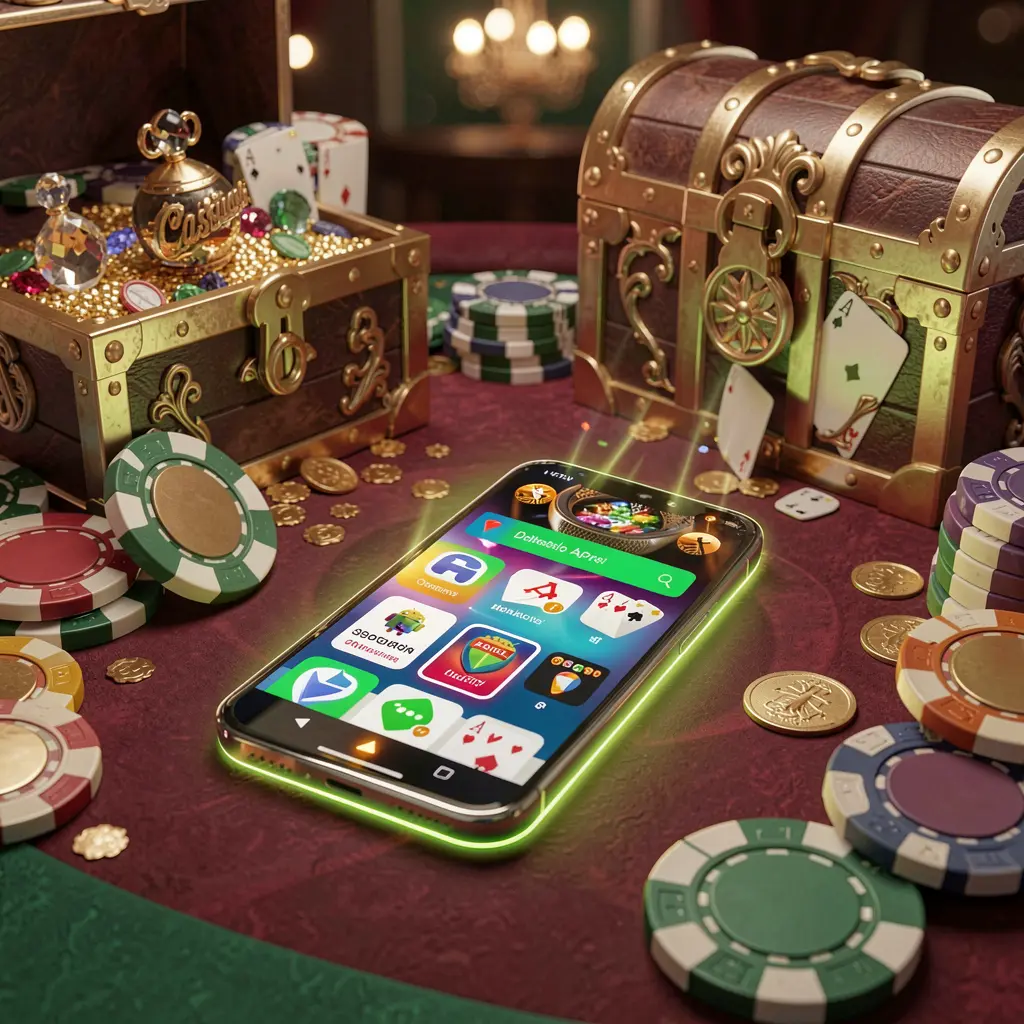 Glowing smartphone displaying KUYAJL Casino APK app with Android-style layout, surrounded by treasure chest, chips, and coins in a luxurious 3D render