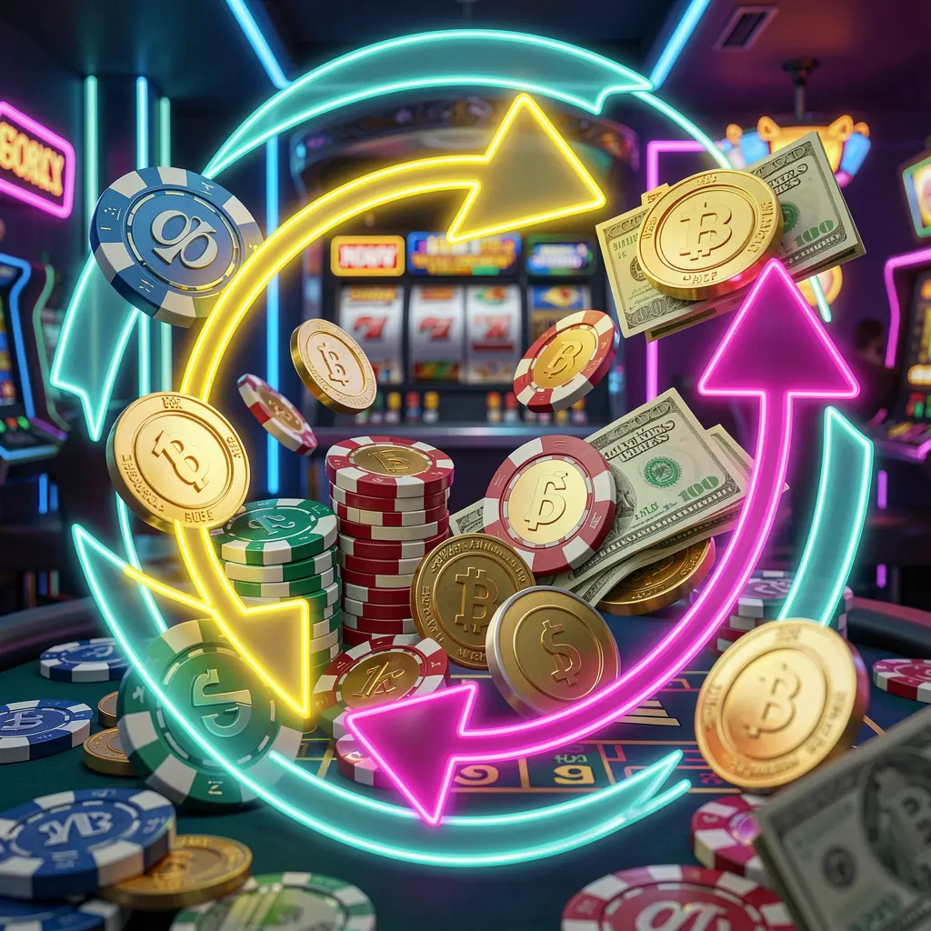 KUYAJL reload bonus casino visual featuring glowing circular arrows around coins, chips, and cash with a modern neon casino background in a high detail 3D render