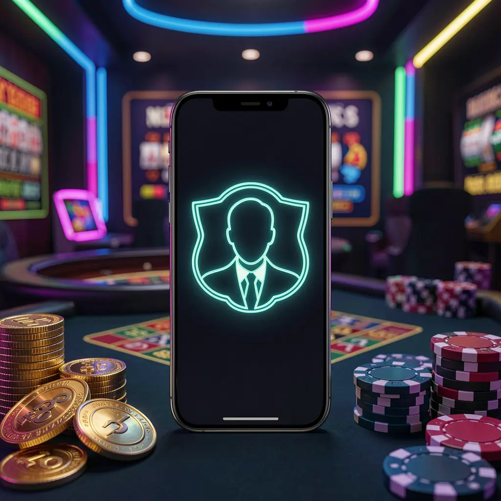 KUYAJL online casino login screen featuring a modern phone with a glowing profile icon, roulette lights in the background, and golden coins and poker chips in a premium dark neon atmosphere