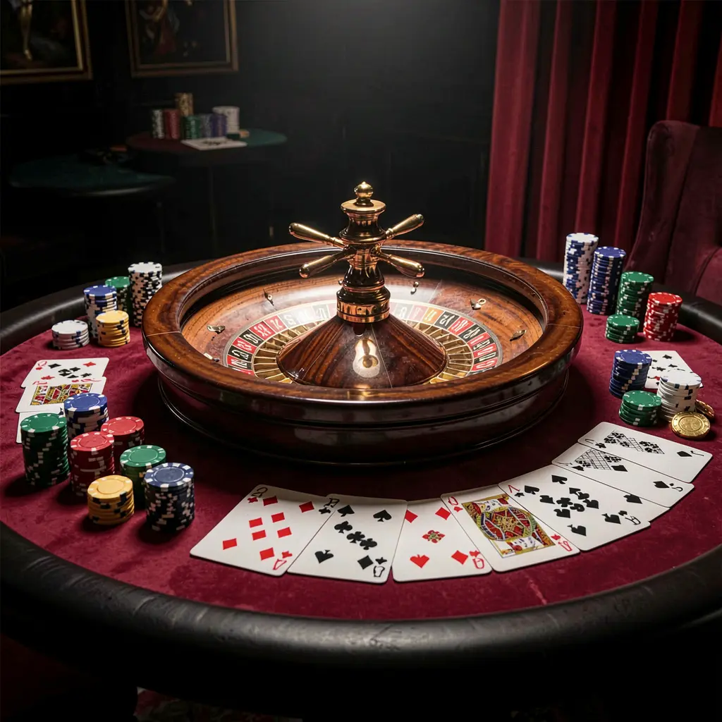 Elegant online casino gaming table featuring roulette, blackjack cards, poker chips, and coins with luxury cinematic lighting on black and red background, showcasing KUYAJL's responsible gaming platform